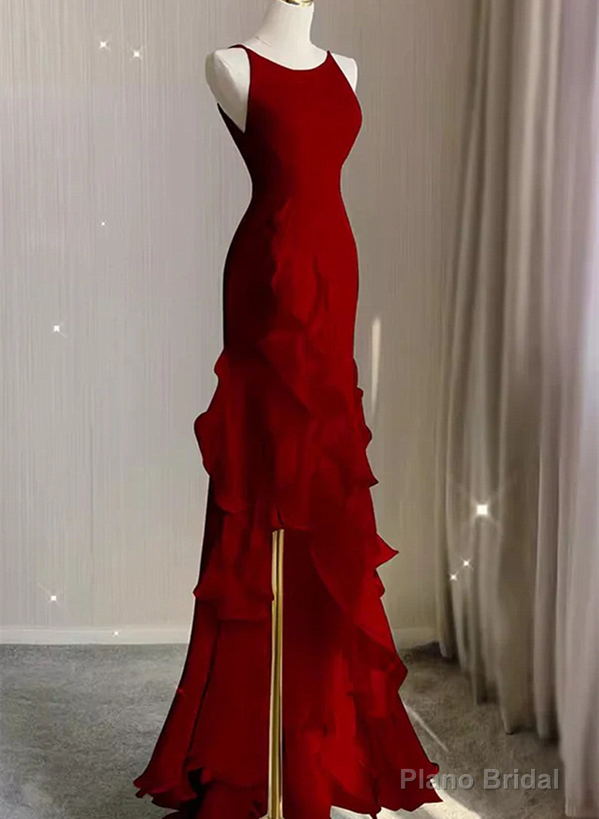 Wine Red Long Round Neckline Low Back, Wine Red Evening Dress Prom Dress Main image