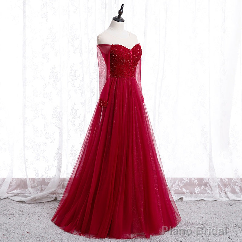 Wine Red Long Sleeves Beaded Tulle Evening Gown, A-line Wine Red Long Prom Dress Main image