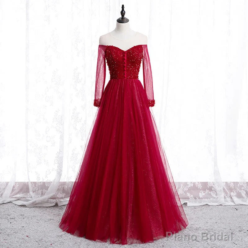 Wine Red Long Sleeves Beaded Tulle Evening Gown A-line Wine Red Long Prom Dress prom dresses shops Secondary image