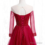 Wine Red Long Sleeves Beaded Tulle Evening Gown A-line Wine Red Long Prom Dress prom dresses shops