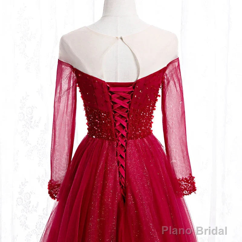 Wine Red Long Sleeves Beaded Tulle Evening Gown A-line Wine Red Long Prom Dress prom dresses shops