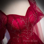 Wine Red Long Sleeves Tulle Formal Gown Formal Prom Dresses, Dark Red Beaded Party Dresses