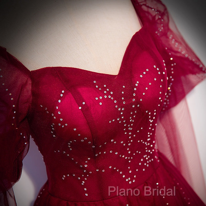 Wine Red Long Sleeves Tulle Formal Gown Formal Prom Dresses, Dark Red Beaded Party Dresses