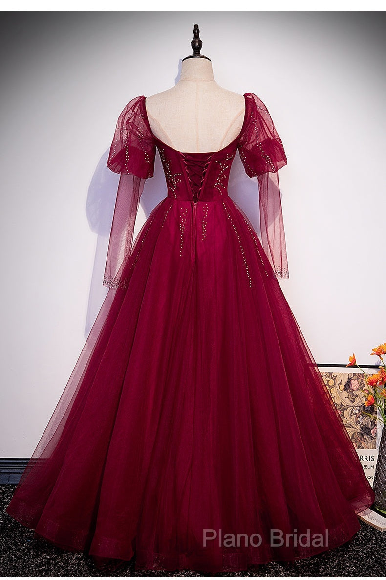 Wine Red Long Sleeves Tulle Formal Gown Formal Prom Dresses, Dark Red Beaded Party Dresses