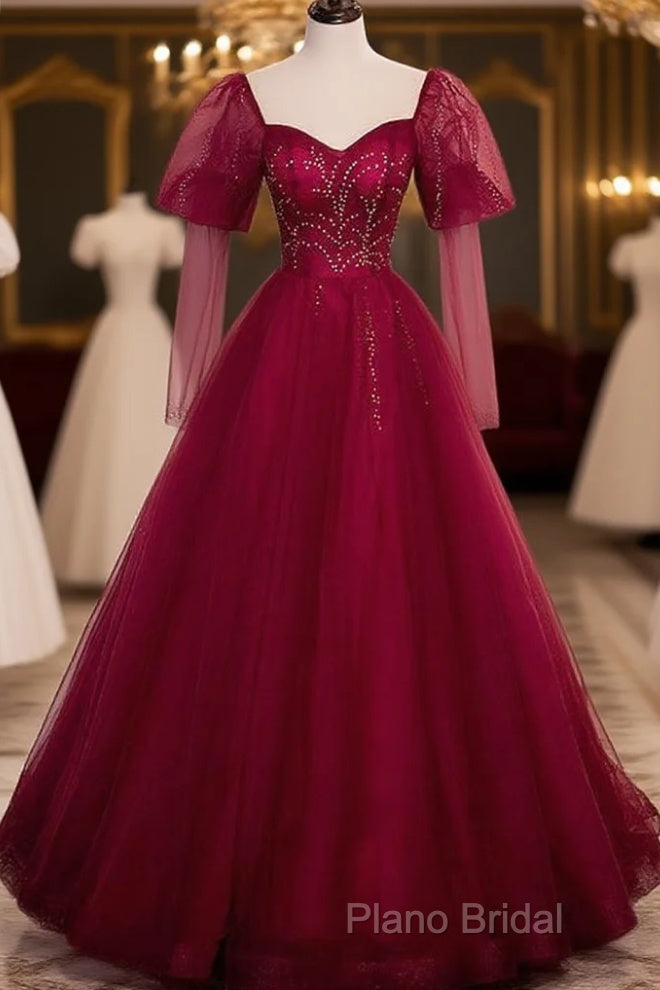 Wine Red Long Sleeves Tulle Formal Gown Formal Prom Dresses, Dark Red Beaded Party Dresses Main image