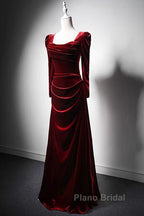Wine Red Long Sleeves Velvet Long Party Dresses, Wine Red A-Line Formal Prom Dresses Wedding Party Dresses