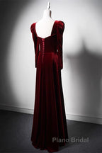 Wine Red Long Sleeves Velvet Long Party Dresses, Wine Red A-Line Formal Prom Dresses Wedding Party Dresses