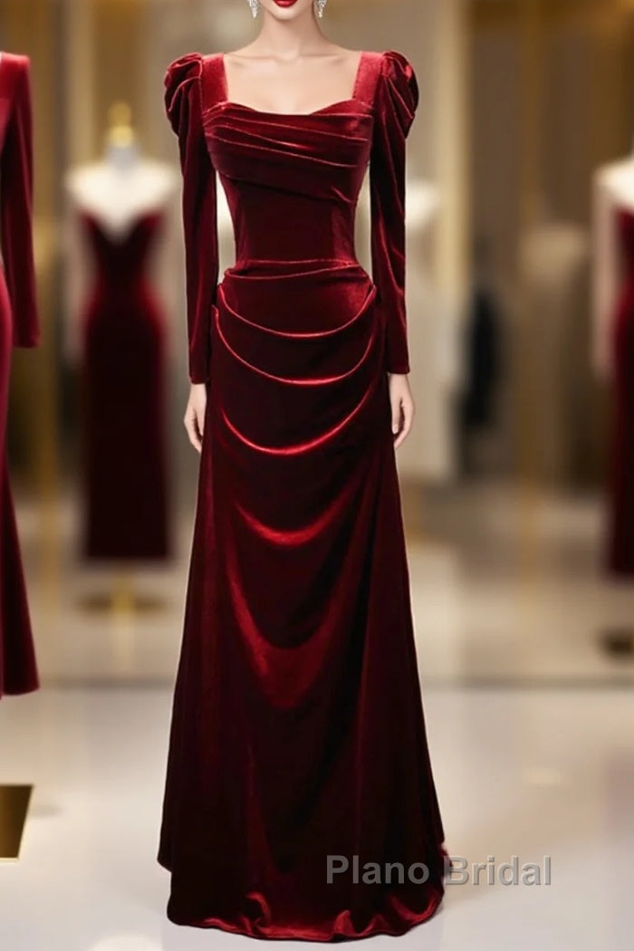 Wine Red Long Sleeves Velvet Long Party Dresses, Wine Red A-Line Formal Prom Dresses Wedding Party Dresses