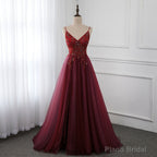 Wine Red Long Tulle V-neckline Beaded Junior Prom Dress, Dark Red Party Dress