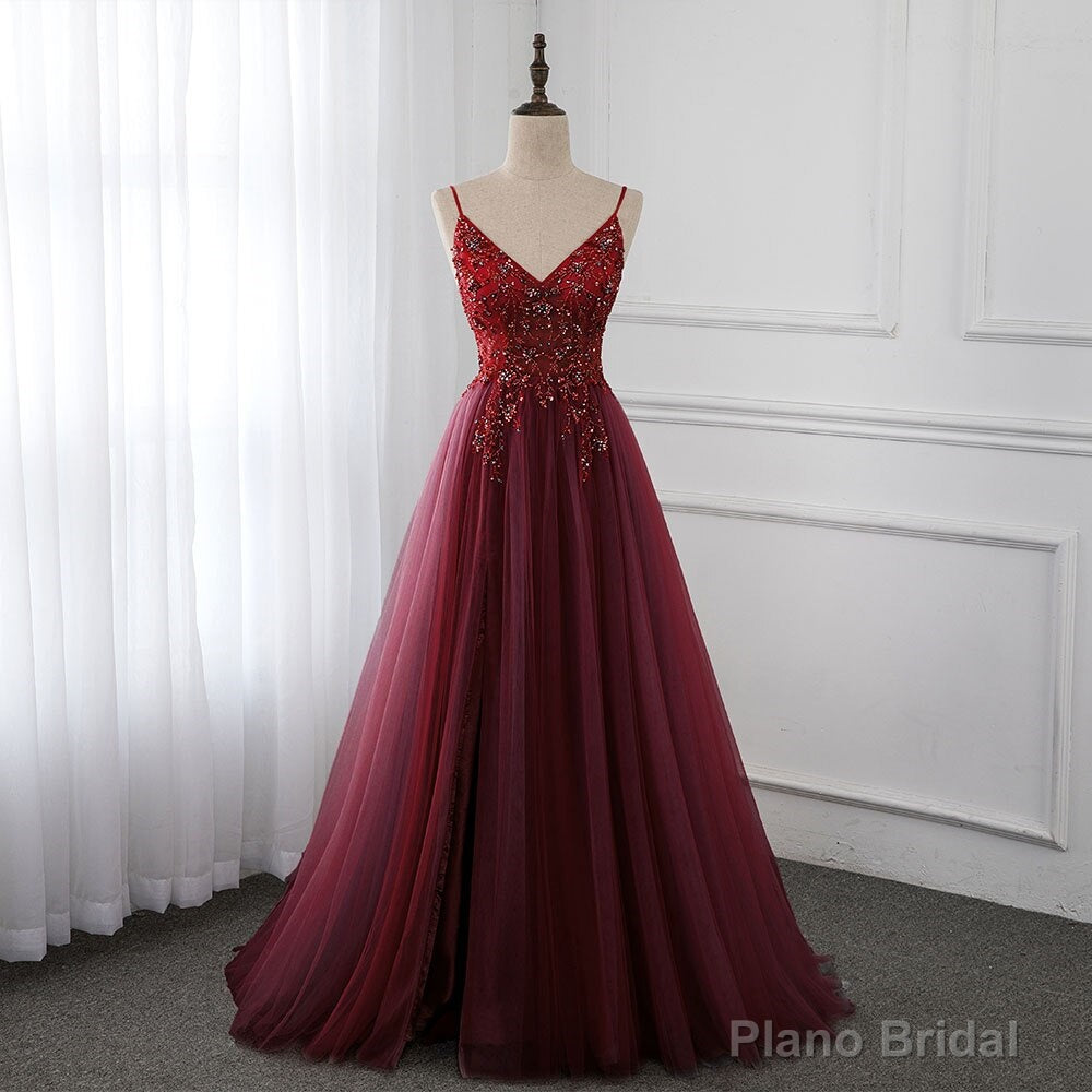 Wine Red Long Tulle V-neckline Beaded Junior Prom Dress, Dark Red Party Dress