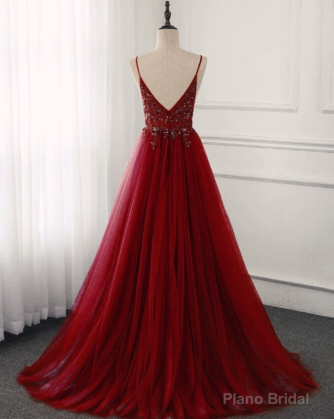 Wine Red Long Tulle V-neckline Beaded Junior Prom Dress, Dark Red Party Dress