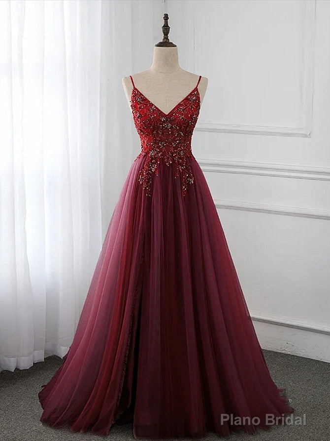 Wine Red Long Tulle V-neckline Beaded Junior Prom Dress, Dark Red Party Dress Secondary image
