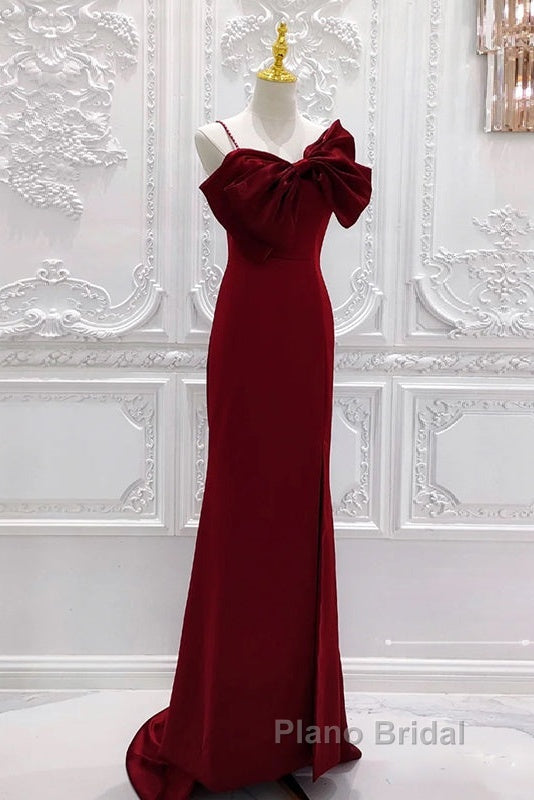 Wine Red Mermaid Evening Gown With Leg Slit, Straps Long Formal Prom Dresses