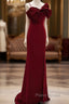 Wine Red Mermaid Evening Gown With Leg Slit, Straps Long Formal Prom Dresses