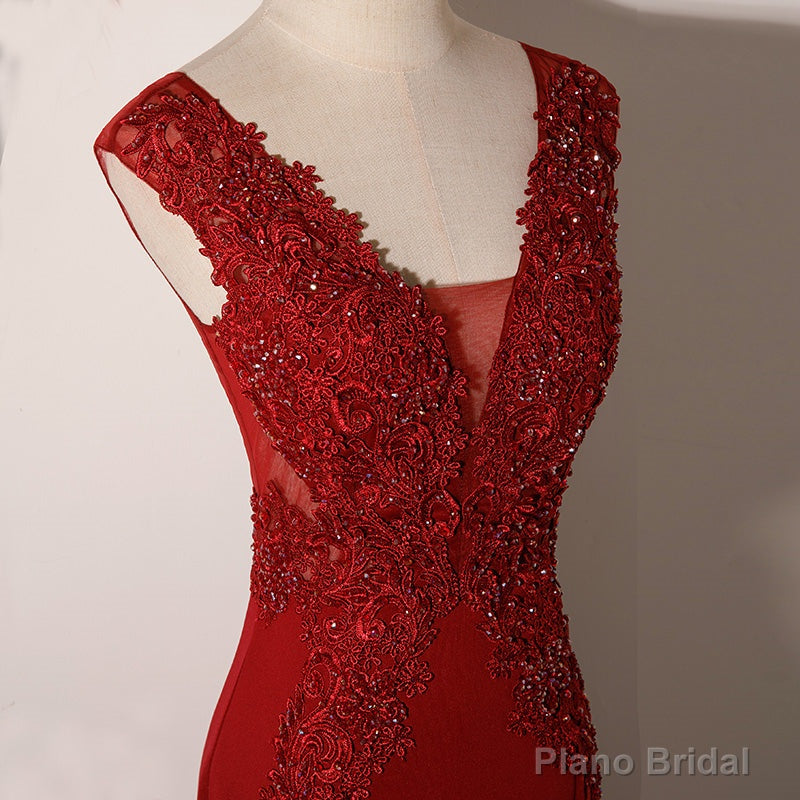 Wine Red Mermaid Floor Length Low Back Evening Dress, Burgundy Prom Dress Party Dress