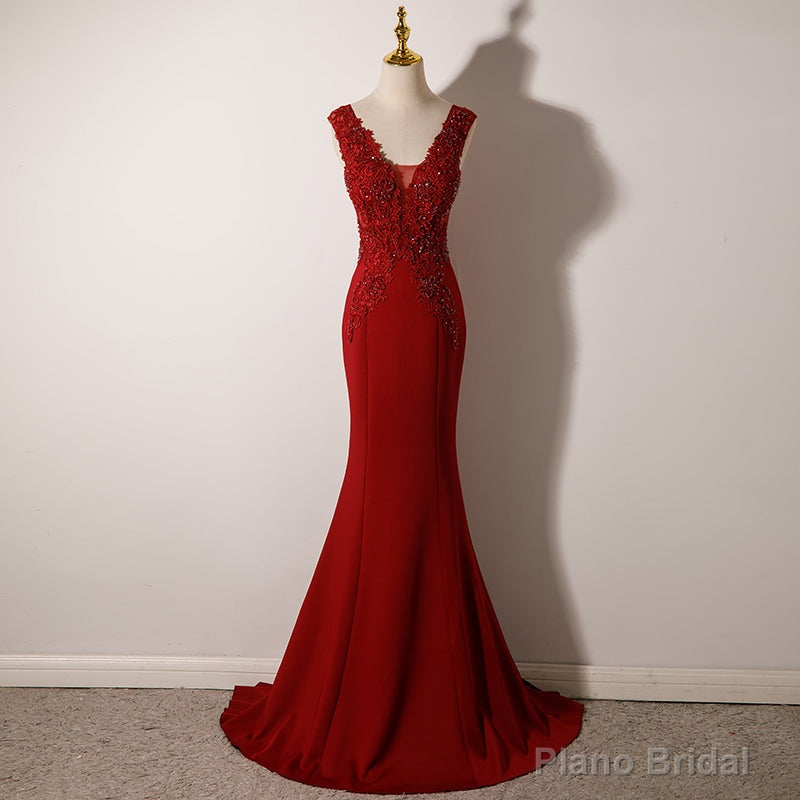 Wine Red Mermaid Floor Length Low Back Evening Dress, Burgundy Prom Dress Party Dress Main image