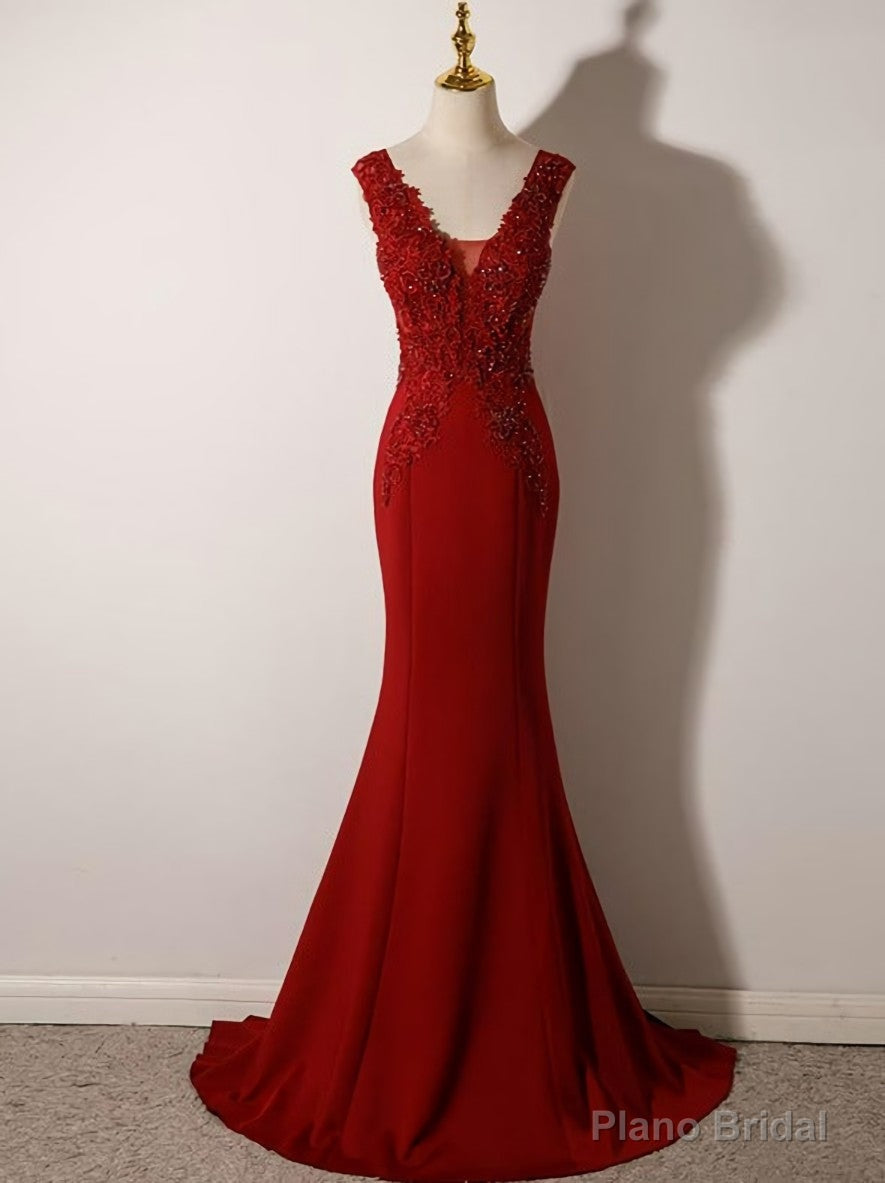 Wine Red Mermaid Floor Length Low Back Evening Dress, Burgundy Prom Dress Party Dress Secondary image