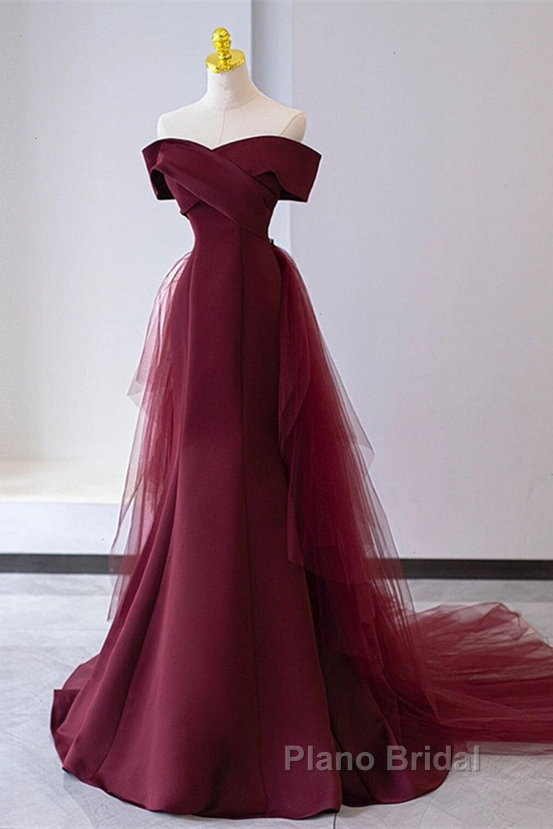 Wine Red Mermaid Lace-Up Satin Long Formal Dresses, Wine Red Off Shoulder Evening Dresses Secondary image