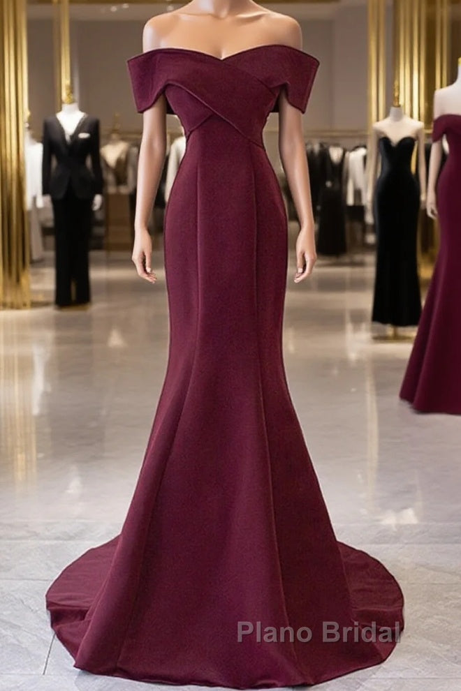 Wine Red Mermaid Lace-Up Satin Long Formal Dresses, Wine Red Off Shoulder Evening Dresses Main image