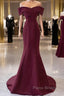 Wine Red Mermaid Lace-Up Satin Long Formal Dresses, Wine Red Off Shoulder Evening Dresses