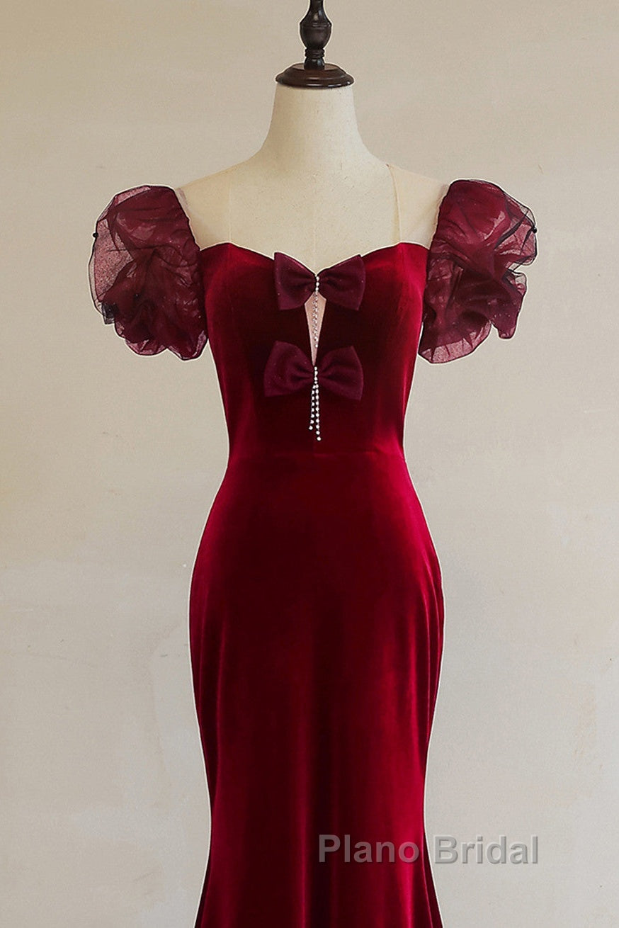 Wine Red Mermaid Long Party Dresses With Bow, Wine Red Evening Dresses Formal Prom Dresses