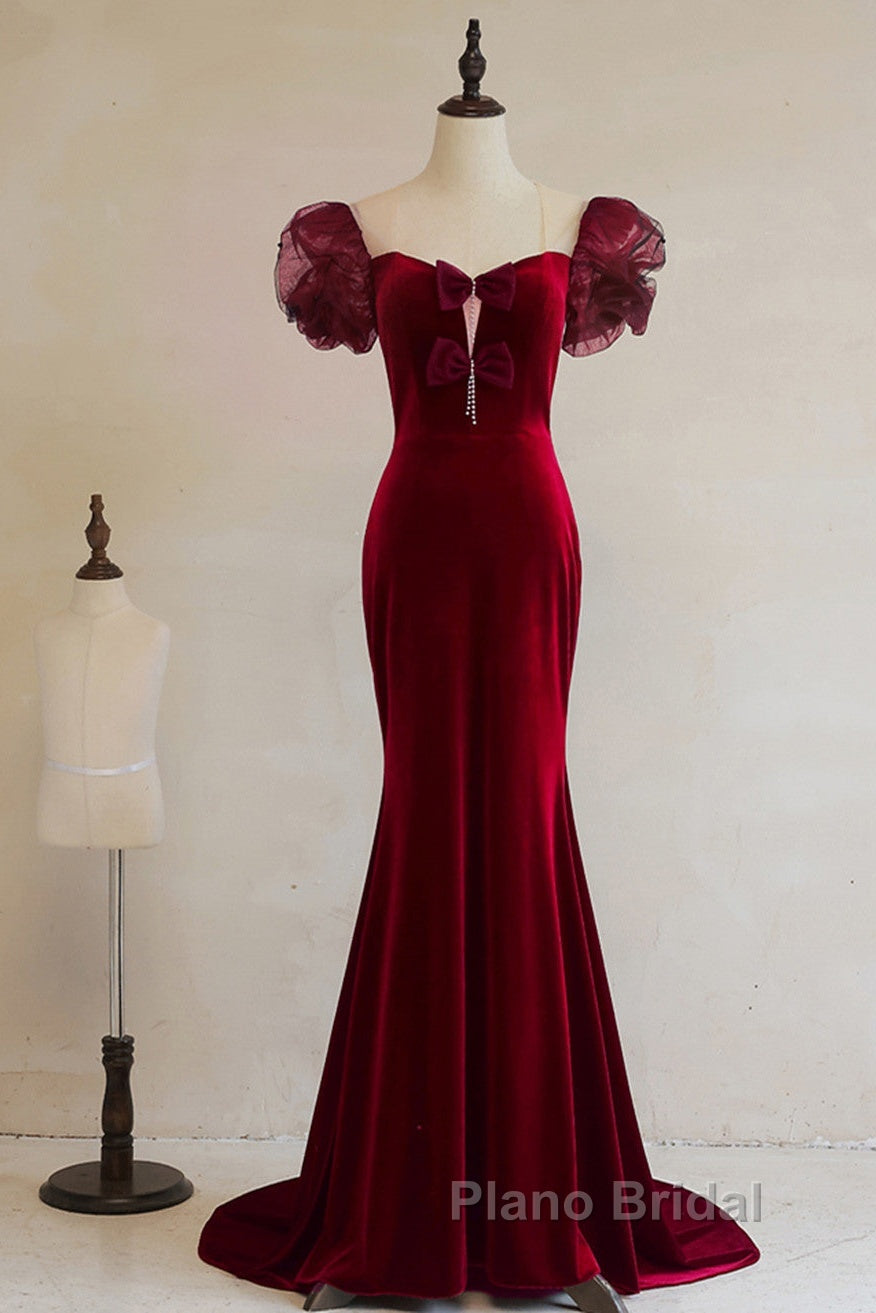 Wine Red Mermaid Long Party Dresses With Bow, Wine Red Evening Dresses Formal Prom Dresses