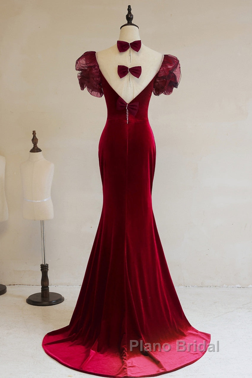 Wine Red Mermaid Long Party Dresses With Bow, Wine Red Evening Dresses Formal Prom Dresses