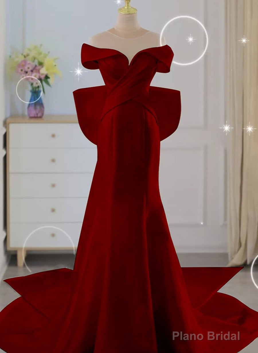 Wine Red Mermaid Long Party Dress with Bow, Wine Red Wedding Party Dress Main image
