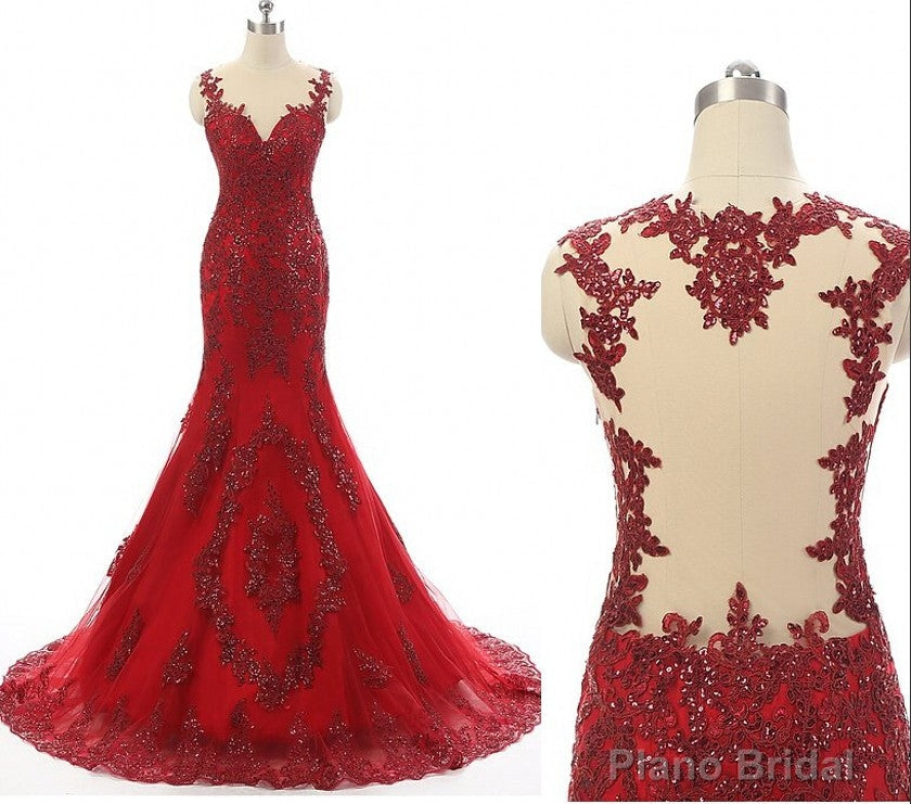 Wine Red Mermaid Long Party Dress with Lace Applique, Wine Red Formal Dresses Secondary image