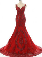 Wine Red Mermaid Long Party Dress with Lace Applique, Wine Red Formal Dresses