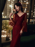 Wine Red Mermaid Long Formal Prom Dresses With Lace, V-Neckline Formal Prom Dresses