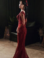 Wine Red Mermaid Long Formal Prom Dresses With Lace, V-Neckline Formal Prom Dresses