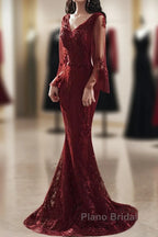 Wine Red Mermaid Long Formal Prom Dresses With Lace, V-Neckline Formal Prom Dresses