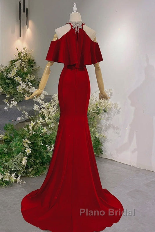 Wine Red Mermaid Off Shoulder Halter Neckline Party Dresses, Wine Red Evening Gown