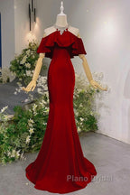 Wine Red Mermaid Off Shoulder Halter Neckline Party Dresses, Wine Red Evening Gown
