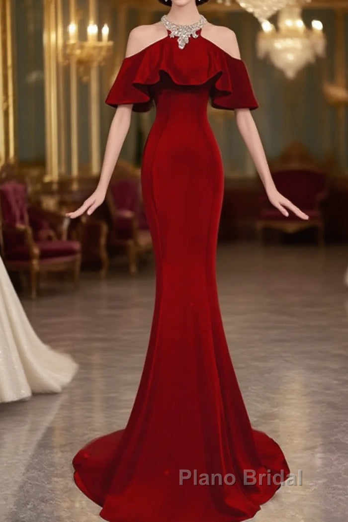 Wine Red Mermaid Off Shoulder Halter Neckline Party Dresses, Wine Red Evening Gown Main image
