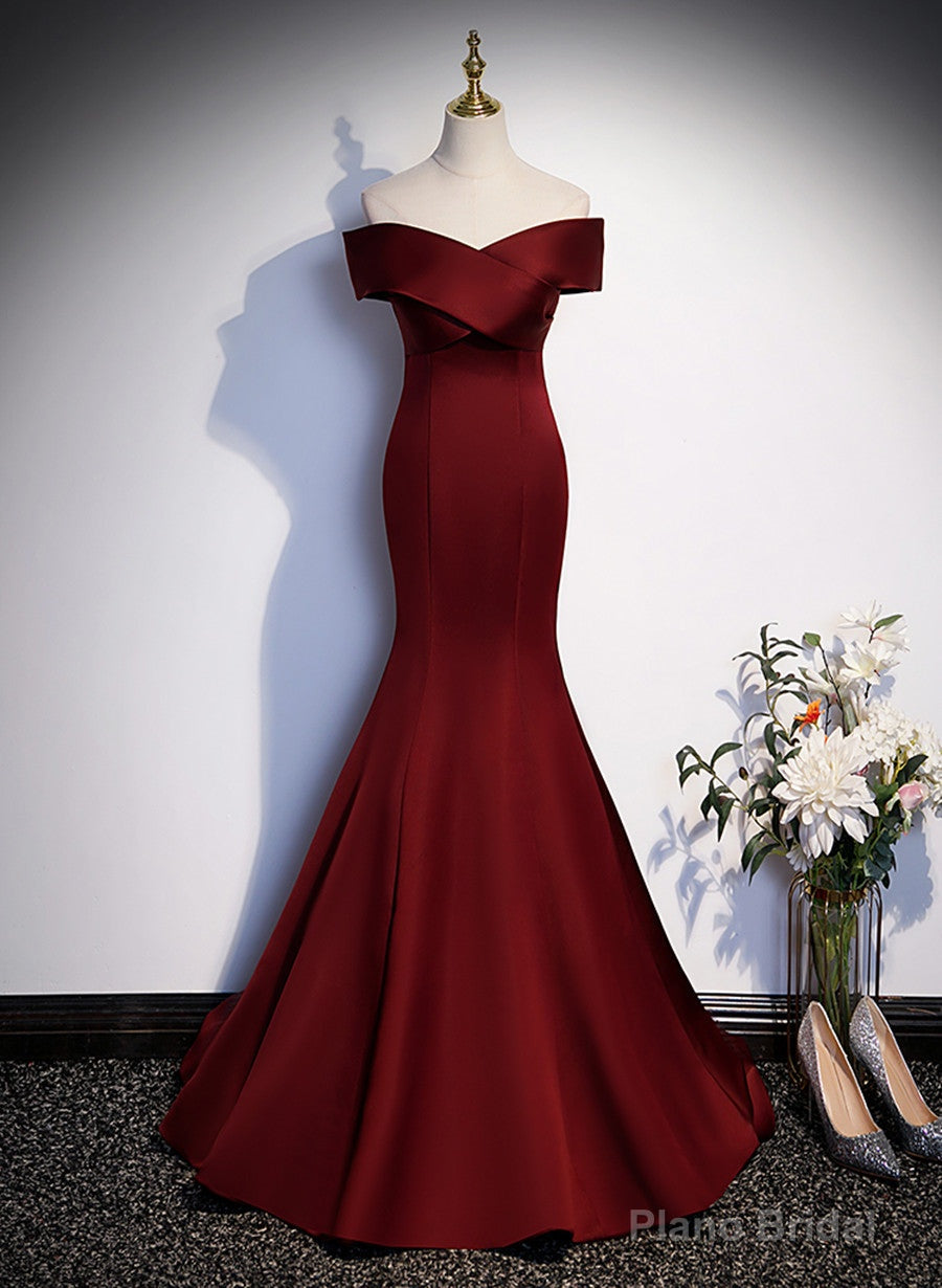 Wine Red Mermaid Off Shouler Evening Dress, Wine Red Long Prom Dress Party Dress Main image