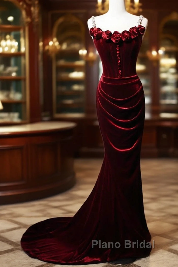 Wine Red Mermaid Straps Beaded Long Formal Dresses, Wine Red Evening Dresses Formal Prom Dresses Main image
