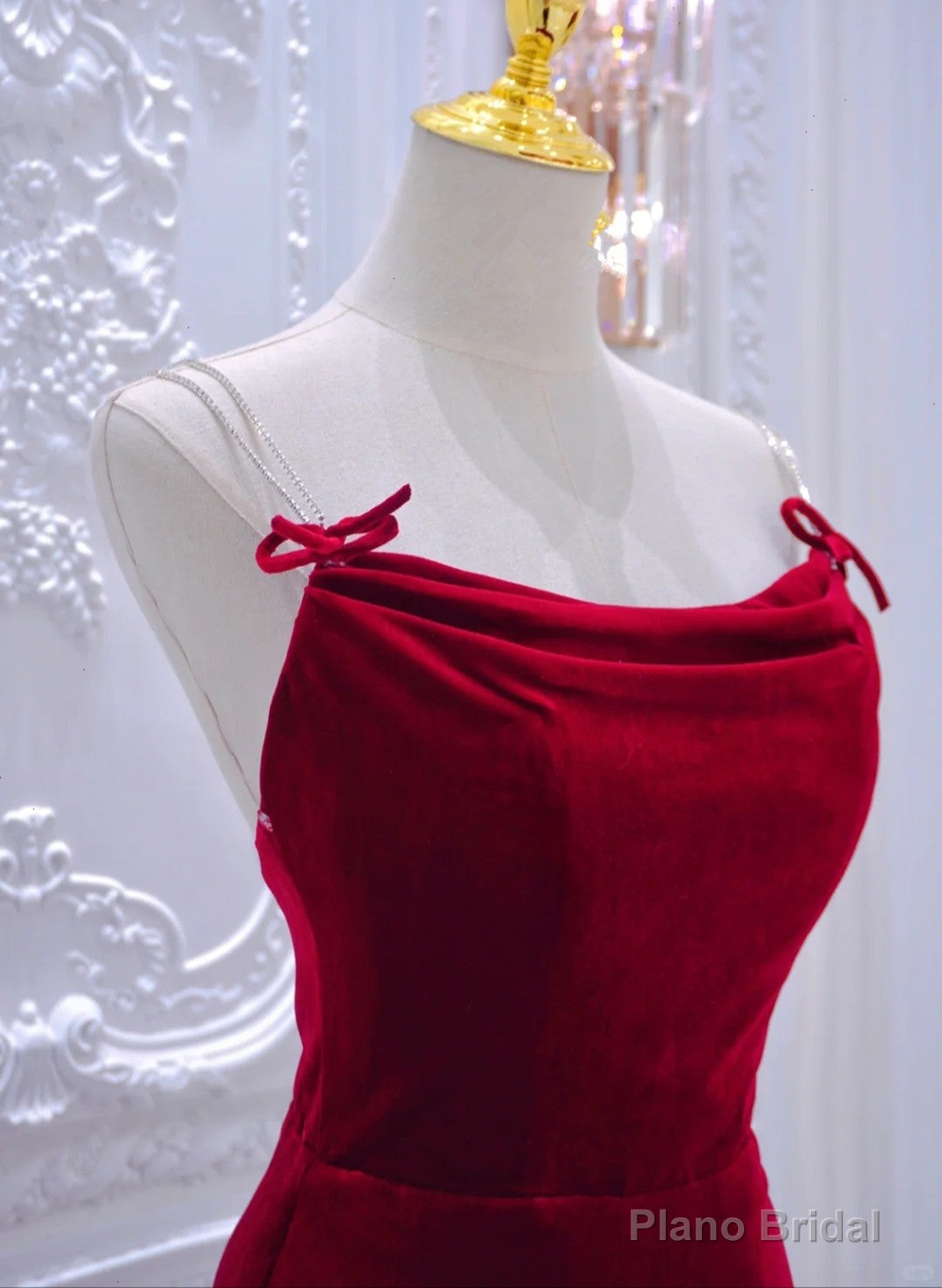 Wine Red Mermaid Straps Long Evening Dress, Wine Red Velvet Party Dress Secondary image