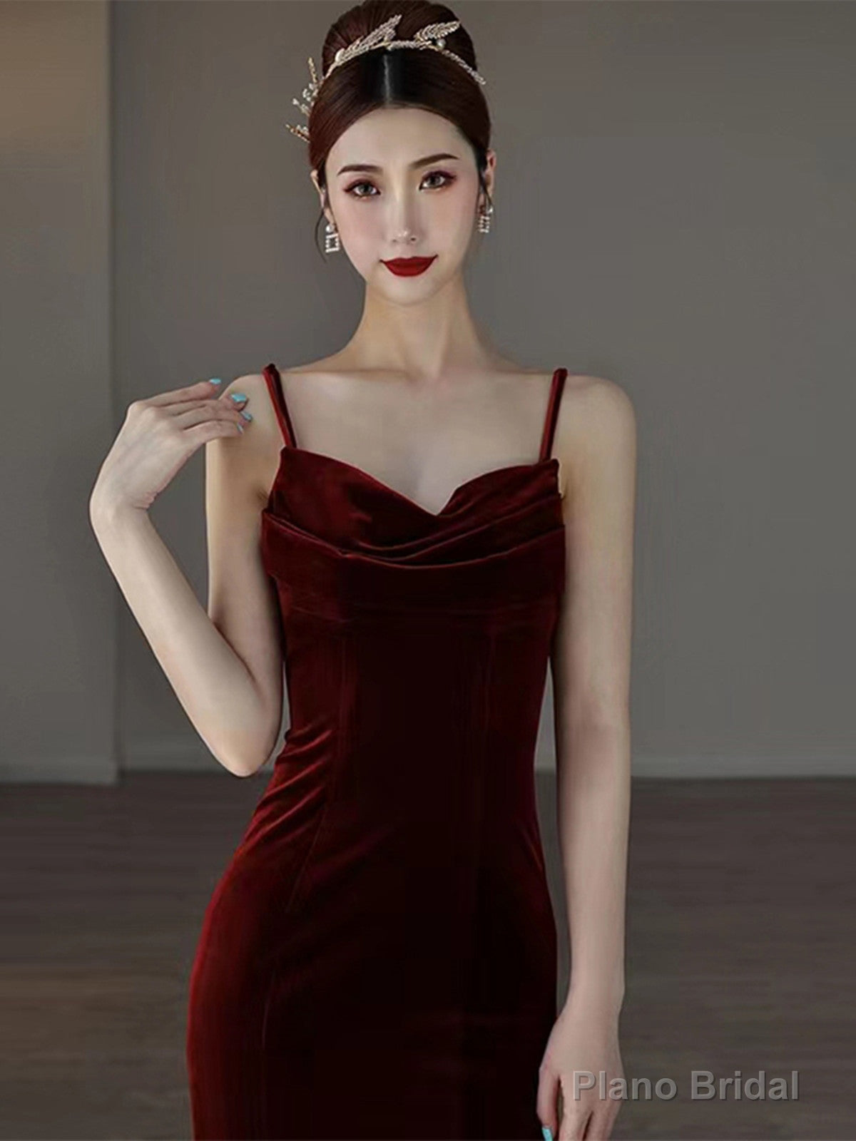 Wine Red Mermaid Straps Long Party Dress, Wine Red Velvet Long Prom Dress Secondary image