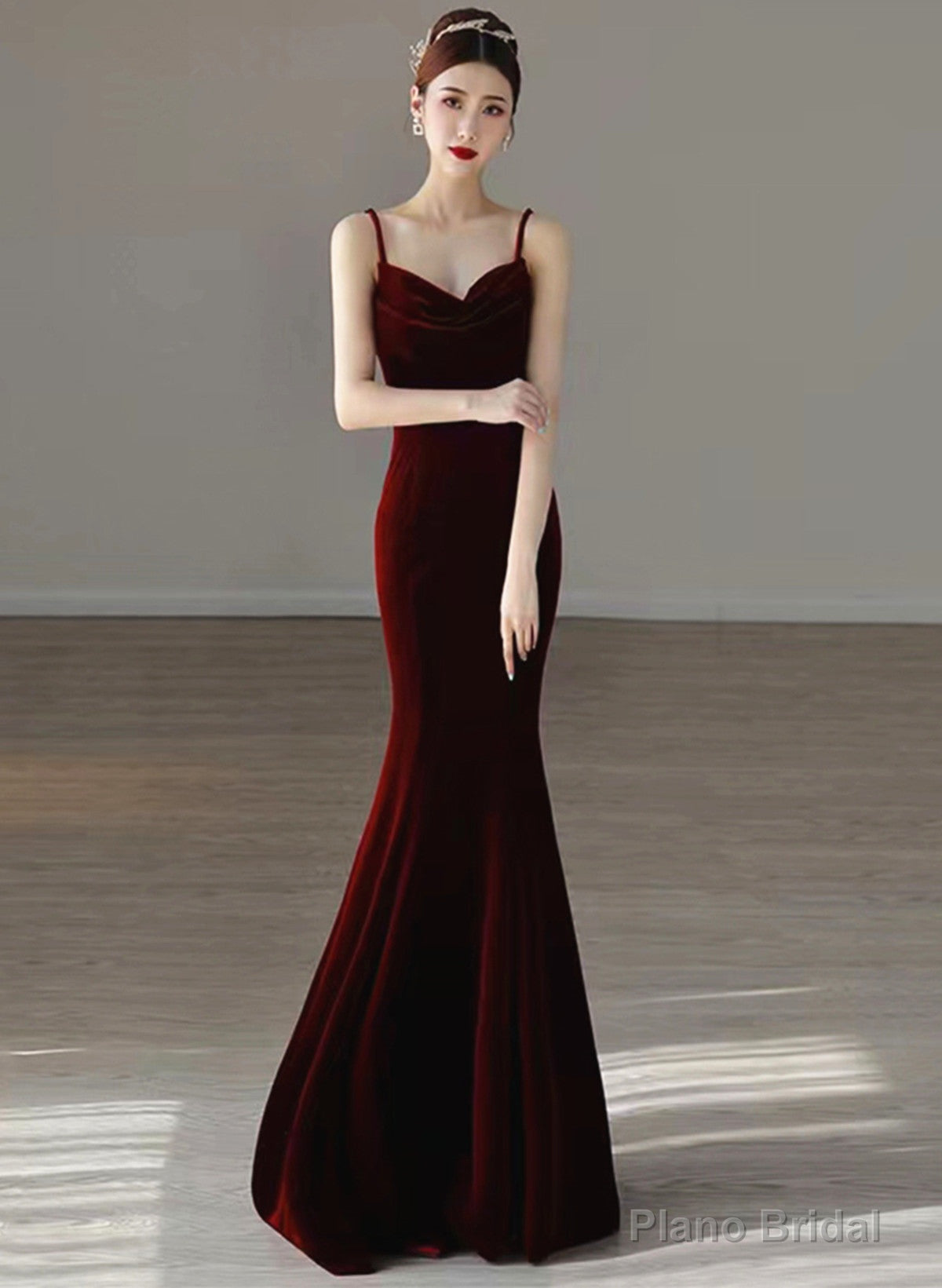 Wine Red Mermaid Straps Long Party Dress, Wine Red Velvet Long Prom Dress Main image