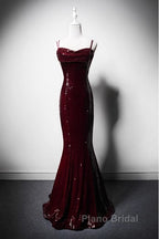 Wine Red Mermaid Straps Long Formal Prom Dresses Party Dresses, Wine Red Sequins Evening Dresses