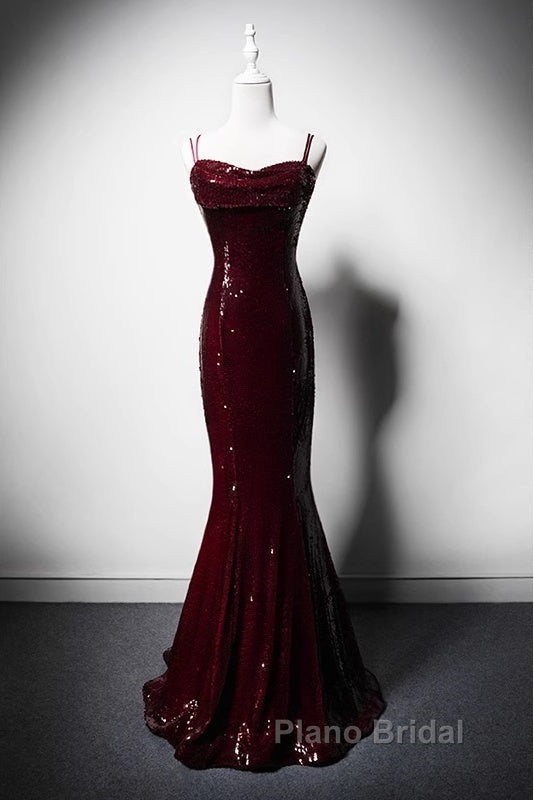 Wine Red Mermaid Straps Long Formal Prom Dresses Party Dresses, Wine Red Sequins Evening Dresses