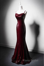 Wine Red Mermaid Straps Long Formal Prom Dresses Party Dresses, Wine Red Sequins Evening Dresses