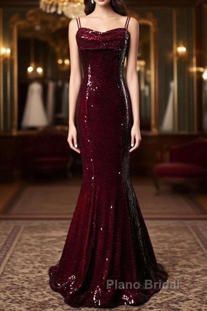 Wine Red Mermaid Straps Long Formal Prom Dresses Party Dresses, Wine Red Sequins Evening Dresses Main image