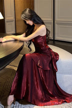 Wine Red Mermaid Straps Satin Long Formal Dresses, Wine Red Satin Formal Prom Dresses