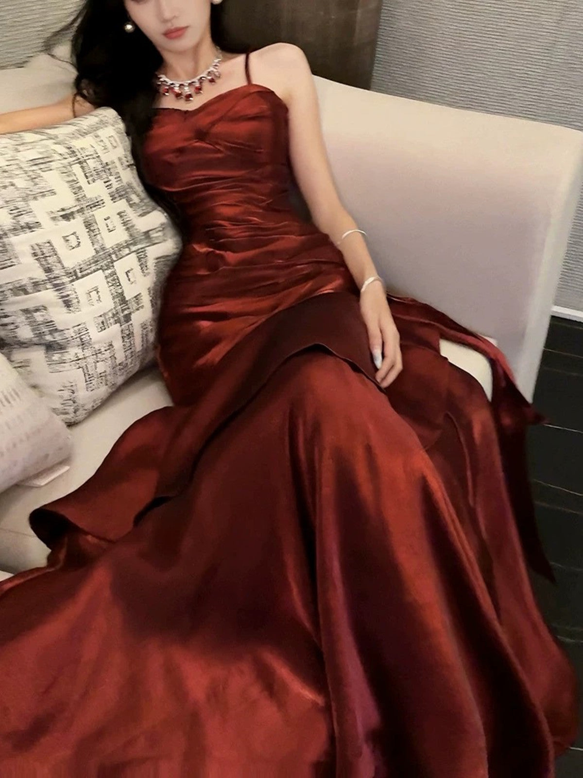 Wine Red Mermaid Straps Satin Long Formal Dresses, Wine Red Satin Formal Prom Dresses