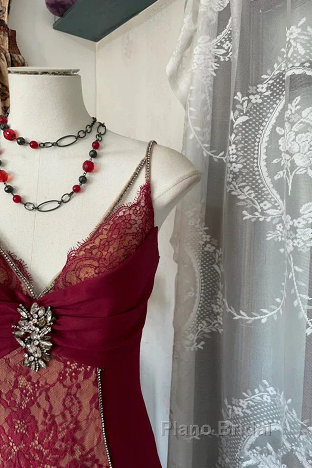 Wine Red Mermaid Straps Sweetheart Party Dresses, Wine Red Lace Formal Prom Dresses Secondary image