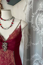 Wine Red Mermaid Straps Sweetheart Party Dresses, Wine Red Lace Formal Prom Dresses