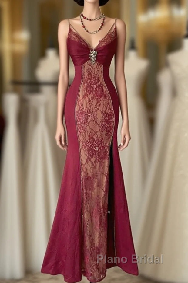 Wine Red Mermaid Straps Sweetheart Party Dresses, Wine Red Lace Formal Prom Dresses Main image